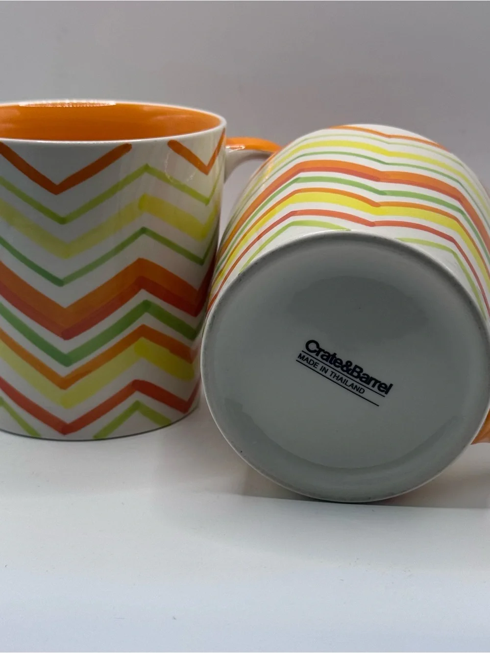 CRATE & BARREL Bright Chevron Coffee Mugs, Citrus Orange/Yellow/Green, Set Of 2